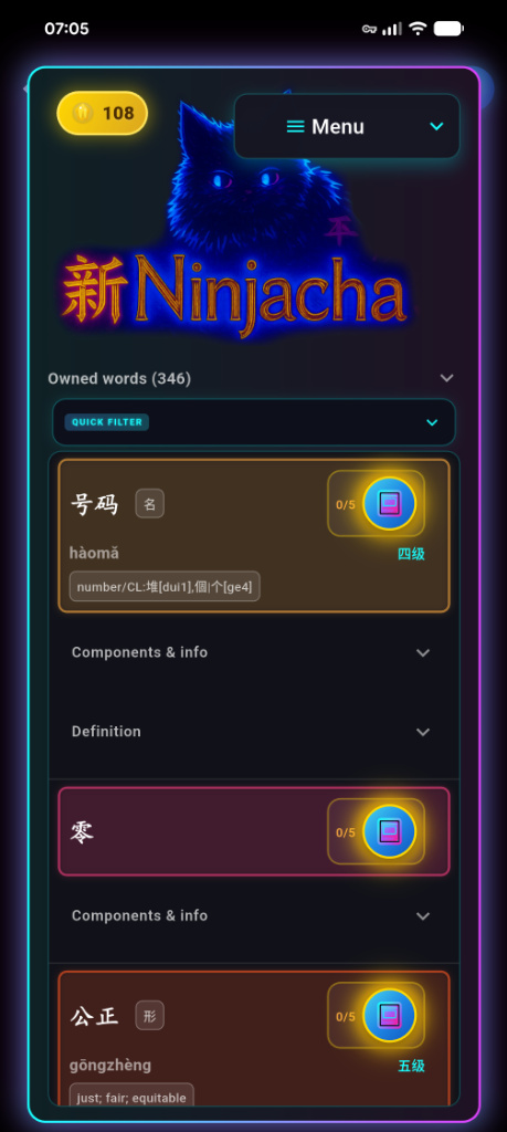 Ninjacha main menu showing game mode selection