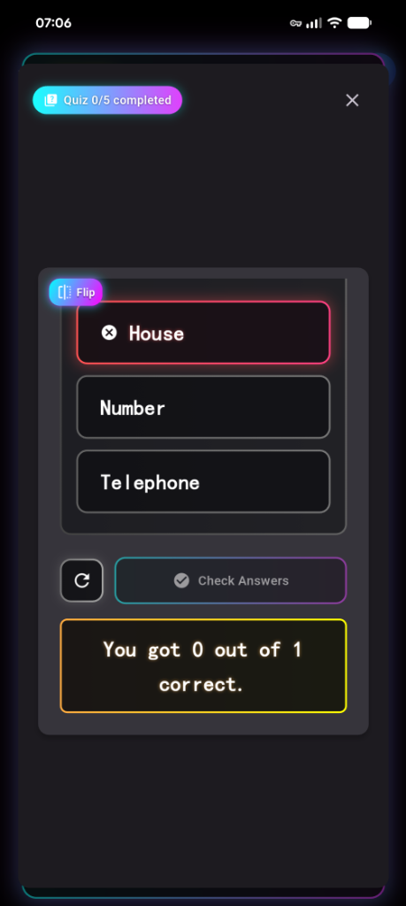 Multiple choice quiz screen with Chinese characters